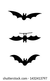 Bats icon set. Bat black silhouette with wings isolated white background. Symbol Halloween holiday, mystery cartoon dark vampire, night flyin element. Spooky scary flat design Vector illustration