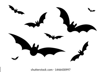 Bats icon set. Bat black silhouette with wings isolated white background. Symbol Halloween holiday, mystery cartoon dark vampire, night flyin element. Spooky scary flat design Vector illustration