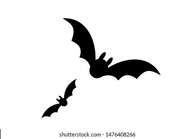 Bats icon set. Bat black silhouette with wings isolated white background. Symbol Halloween holiday, mystery cartoon dark vampire, night flyin element. Spooky scary flat design Vector illustration