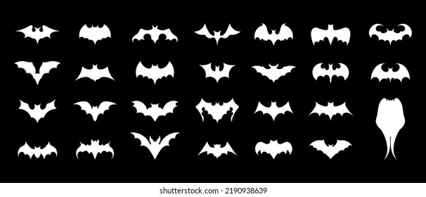 Bats icons set. White flat silhouettes of bats. Icons for Halloween design. Vector illustration isolated on black background.