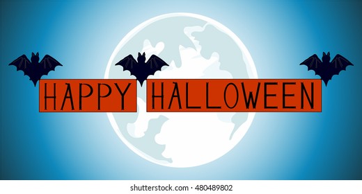 Bats are an inscription Happy Halloween on a background of the full moon. Happy Halloween background. Hand drawing. Vector illustration.