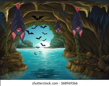 Bats living in the dark cave illustration