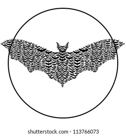Bats make up the shape of a big bat.Black and white illustration.