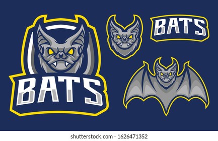 Bats mascot logo design isolated on navy blue background with extra shield