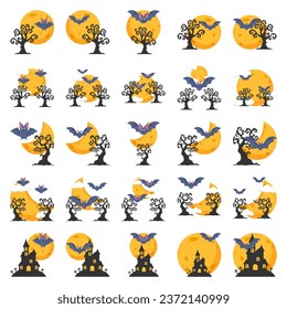 bats and moon, flying bats, stars. Vector Illustration for printing, backgrounds and packaging. Image can be used for greeting cards, posters, stickers and textile. Isolated on white background.