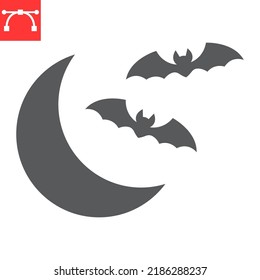 Bats and moon glyph icon, halloween and midnight, bats flying on the moon vector icon, vector graphics, editable stroke solid sign, eps 10.