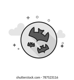 Bats and moon icon in flat outlined grayscale style. Vector illustration.