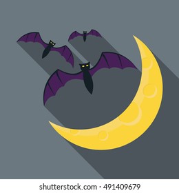 Bats and moon icon in flat style with long shadow. Fly symbol vector illustration