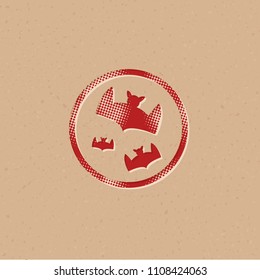 Bats and moon icon in halftone style. Grunge background vector illustration.