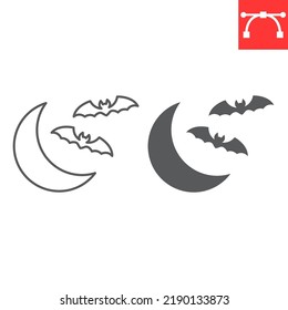 Icono de murciélago y de lente lunar, halloween y medianoche, murciélagos volando sobre el icono del vector lunar, gráficos vectoriales, símbolo de contorno de trazo editable, eps 10.