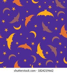 Bats with moon and stars on a purple background. Ideas for Halloween. Seasonal seamless pattern. For fabric, textile and background. Vector illustration.