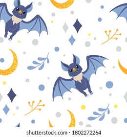Bats and the moon and stars on a white background. Cute animals, halloween illustration, textile print, seamless pattern.