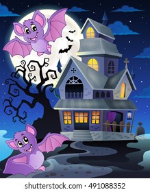 Bats near haunted house theme 1 - eps10 vector illustration.