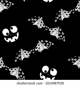 Bats, Net and Pumpkins. Seamless Pattern. Halloween Background with Zentangle Bats Hand Drawn and Traced to Vector. Seamless Texture for Wrapping or Halloween Decoration.  Black and White Background