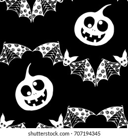 Bats, Net and Pumpkins. Seamless Pattern. Halloween Background with Zentangle Bats Hand Drawn and Traced to Vector. Seamless Texture for Wrapping or Halloween Decoration.  Black and White Background