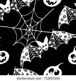 Bats, Net and Pumpkins. Seamless Pattern. Halloween Background with Zentangle Bats Hand Drawn and Traced to Vector. Seamless Texture for Wrapping or Halloween Decoration.  Black and White Background