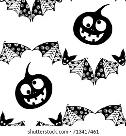 Bats, Net and Pumpkins. Seamless Pattern. Halloween Background with Zentangle Bats Hand Drawn and Traced to Vector. Seamless Texture for Wrapping or Halloween Decoration.  Black and White Background