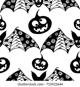 Bats, Net and Pumpkins. Seamless Pattern. Halloween Background with Zentangle Bats Hand Drawn and Traced to Vector. Seamless Texture for Wrapping or Halloween Decoration.  Black and White Background