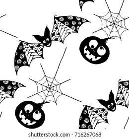 Bats, Net and Pumpkins. Seamless Pattern. Halloween Background with Zentangle Bats Hand Drawn and Traced to Vector. Seamless Texture for Wrapping or Halloween Decoration.  Black and White Background
