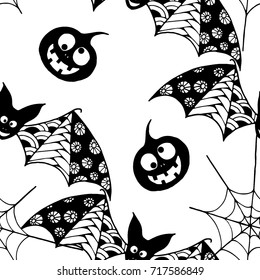 Bats, Net and Pumpkins. Seamless Pattern. Halloween Background with Zentangle Bats Hand Drawn and Traced to Vector. Seamless Texture for Wrapping or Halloween Decoration.  Black and White Background