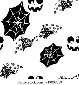 Bats, Net and Pumpkins. Seamless Pattern. Halloween Background with Zentangle Bats Hand Drawn and Traced to Vector. Seamless Texture for Wrapping or Halloween Decoration.  Black and White Background