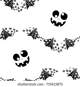 Bats, Net and Pumpkins. Seamless Pattern. Halloween Background with Zentangle Bats Hand Drawn and Traced to Vector. Seamless Texture for Wrapping or Halloween Decoration.  Black and White Background