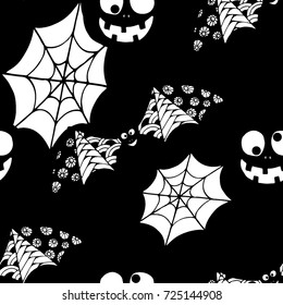Bats, Net and Pumpkins. Seamless Pattern. Halloween Background with Zentangle Bats Hand Drawn and Traced to Vector. Seamless Texture for Wrapping or Halloween Decoration.  Black and White Background