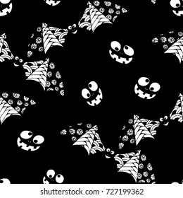 Bats, Net and Pumpkins. Seamless Pattern. Halloween Background with Zentangle Bats Hand Drawn and Traced to Vector. Seamless Texture for Wrapping or Halloween Decoration.  Black and White Background