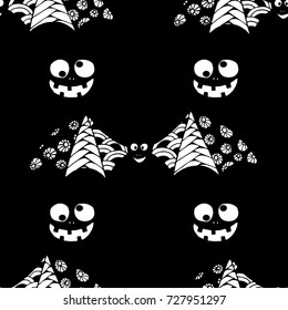 Bats, Net and Pumpkins. Seamless Pattern. Halloween Background with Zentangle Bats Hand Drawn and Traced to Vector. Seamless Texture for Wrapping or Halloween Decoration.  Black and White Background