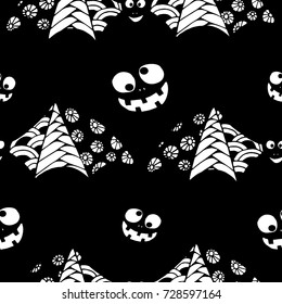 Bats, Net and Pumpkins. Seamless Pattern. Halloween Background with Zentangle Bats Hand Drawn and Traced to Vector. Seamless Texture for Wrapping or Halloween Decoration.  Black and White Background