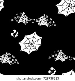 Bats, Net and Pumpkins. Seamless Pattern. Halloween Background with Zentangle Bats Hand Drawn and Traced to Vector. Seamless Texture for Wrapping or Halloween Decoration.  Black and White Background