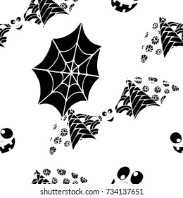 Bats, Net and Pumpkins. Seamless Pattern. Halloween Background with Zentangle Bats Hand Drawn and Traced to Vector. Seamless Texture for Wrapping or Halloween Decoration.  Black and White Background