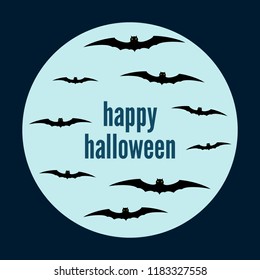 Bats on the background of the moon and the inscription Happy Halloween. Vector illustration
