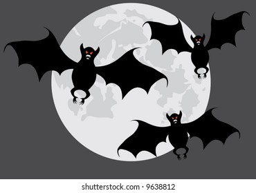 Bats on a background of the moon. A vector illustration. A contour. Grey variant.