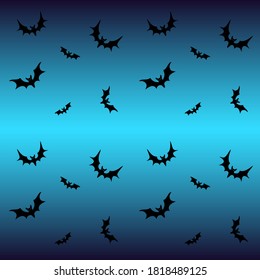 Bats on a blue background - seamless pattern for Halloween. Black silhouettes of bats on a gradient background