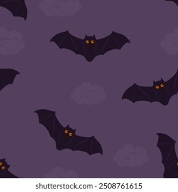 Bats on dark background. Halloween seamless pattern.  Vector cartoon flat illustration