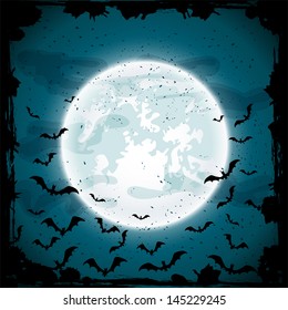 Bats on Moon background, scary Halloween night scene, illustration.