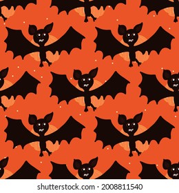 Bats on an orange background.Simple vector pattern for Halloween, Day of the Dead, textiles, fabric, wrapping paper, background.