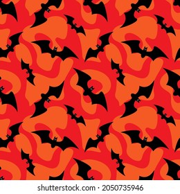 Bats on a red fiery background. Halloween print. Seamless pattern, vector illustration