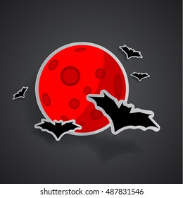 Bats on a red moon background. Happy Halloween background. Black silhouette sticker illustration of halloween.