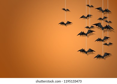 Bats on the ropes on an orange background. Halloween Festive banner. Vector.