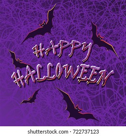 Bats on the spidernet violet background. Vector illustration.