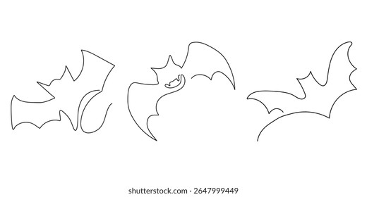 Bats in one line art vector illustration. Continuous line drawing. Halloween and Thanksgiving greeting card in simple style.