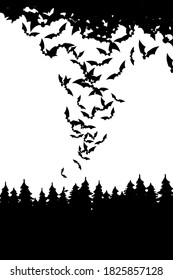 Bats over the forest. Silhouettes on white background