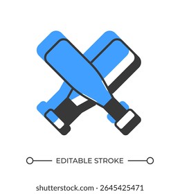 Bats pair offset shadow line icon. Baseball playing inventory. Smooth club used to hit ball. Sports club. Bold outline symbol with solid blue fill. Modern flat illustration. Editable stroke