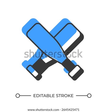 Bats pair offset shadow line icon. Baseball playing inventory. Smooth club used to hit ball. Sports club. Bold outline symbol with solid blue fill. Modern flat illustration. Editable stroke