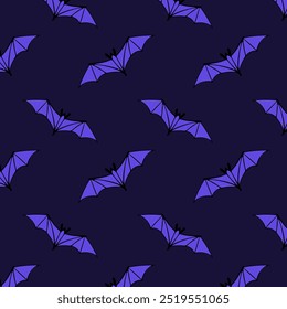 Bats pattern dark purple background, design for Halloween, doodle hand drawn. Vector illustration