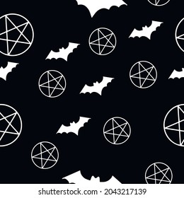 bats and pentagrams seamless pattern white on black background repeat texture witchcraft halloween mysticl magic supernatural satanic alchemy