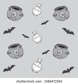 Bats, potion cauldron and bottles with potions on a gray background, hand-drawn, vector background for design. monochrome background for banner