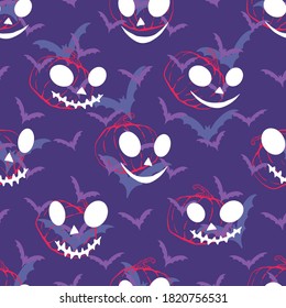 Bats, pumpkin silhouettes, ghost faces. Vector seamless pattern.